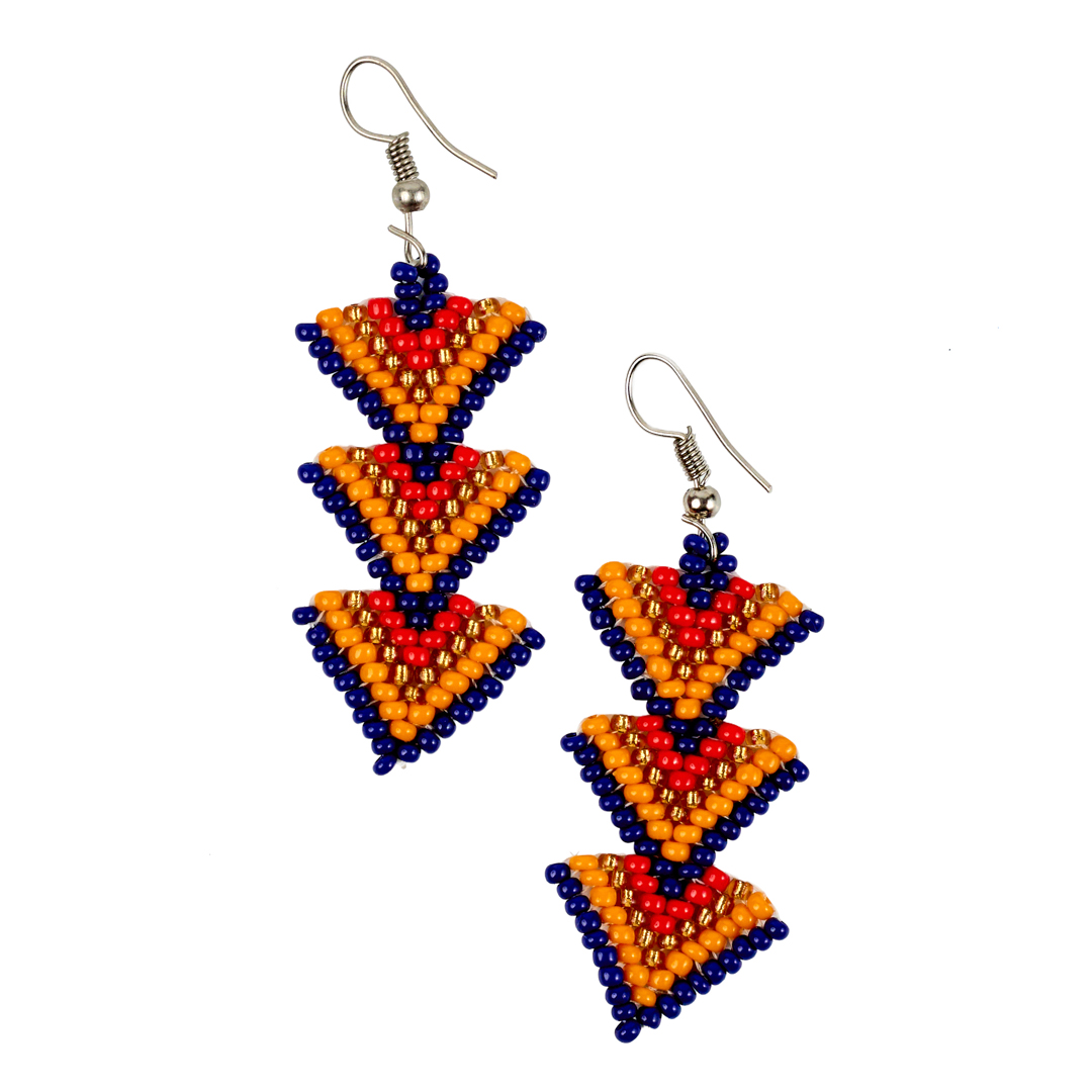 Maasai Beaded Tiered Triangle Earrings (Navy, Orange & Red)