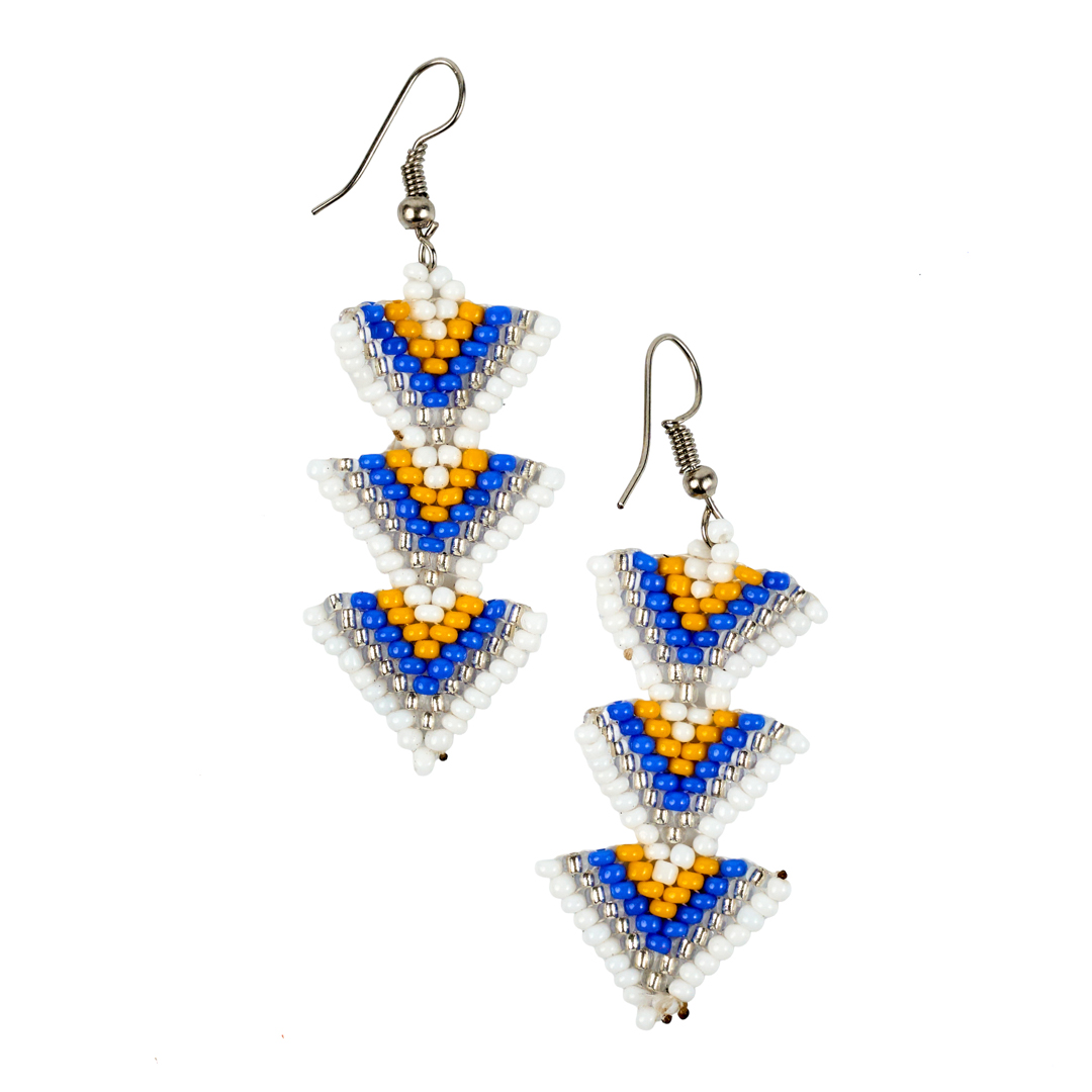 Maasai Beaded Tiered Triangle Earrings (White, Blue & Yellow)