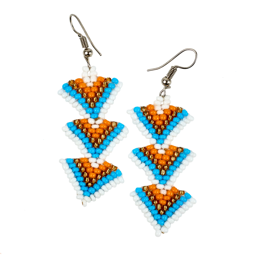 Maasai Beaded Tiered Triangle Earrings (Turquoise, Orange & White)