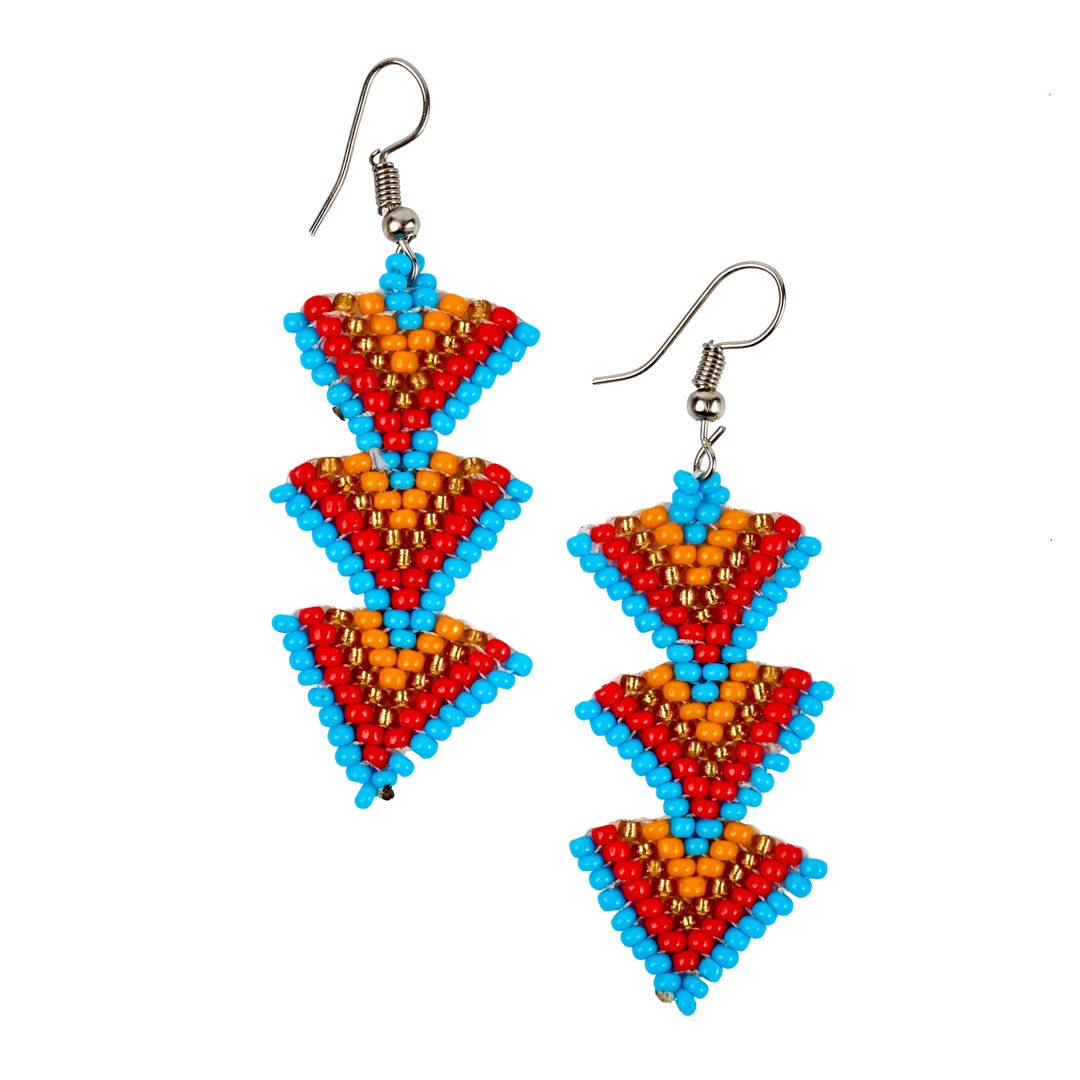 Maasai Beaded Tiered Triangle Earrings (Red, Turquoise & Orange)