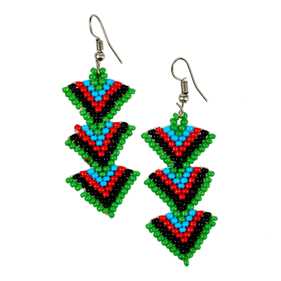 Maasai Beaded Tiered Triangle Earrings (Green, Black & Red)