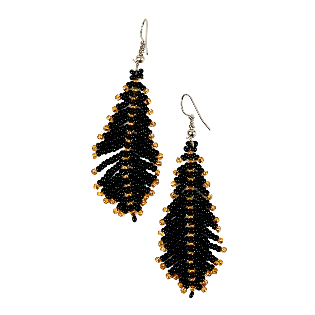 Maasai Beaded Feather Drop Earrings (Black & Gold)