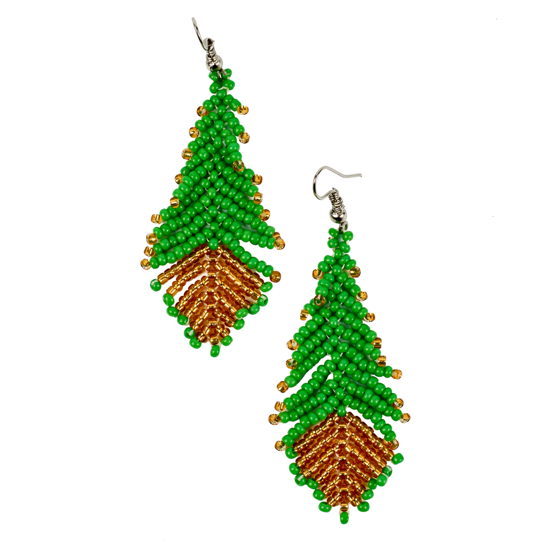 Maasai Beaded Feather Drop Earrings (Green & Gold)
