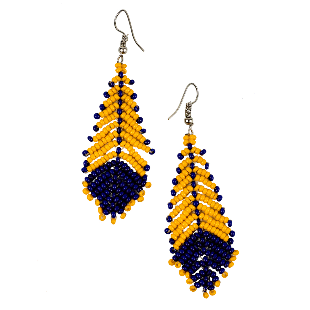 Maasai Beaded Feather Drop Earrings (Yellow & Navy)