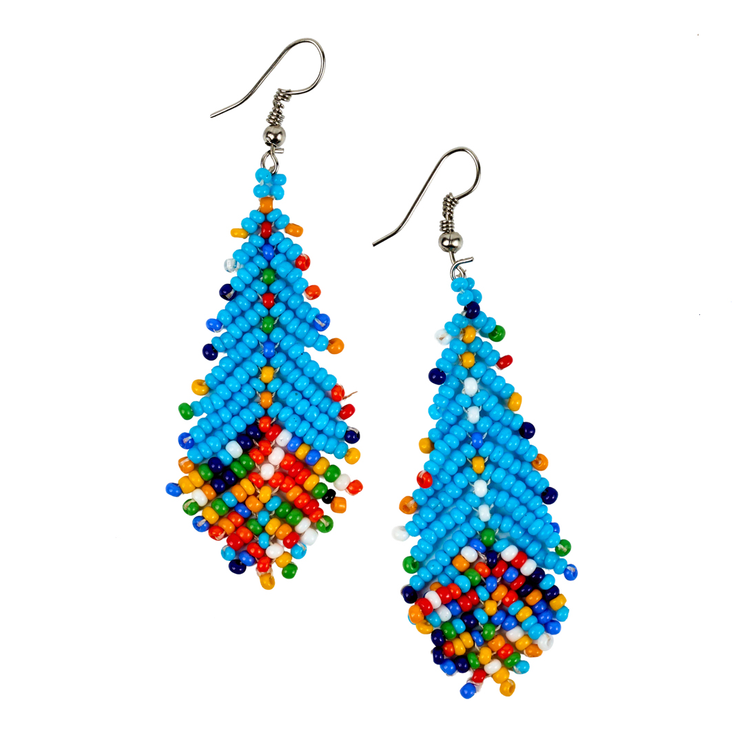 Maasai Beaded Feather Drop Earrings (Sky Blue & Multi-Color)