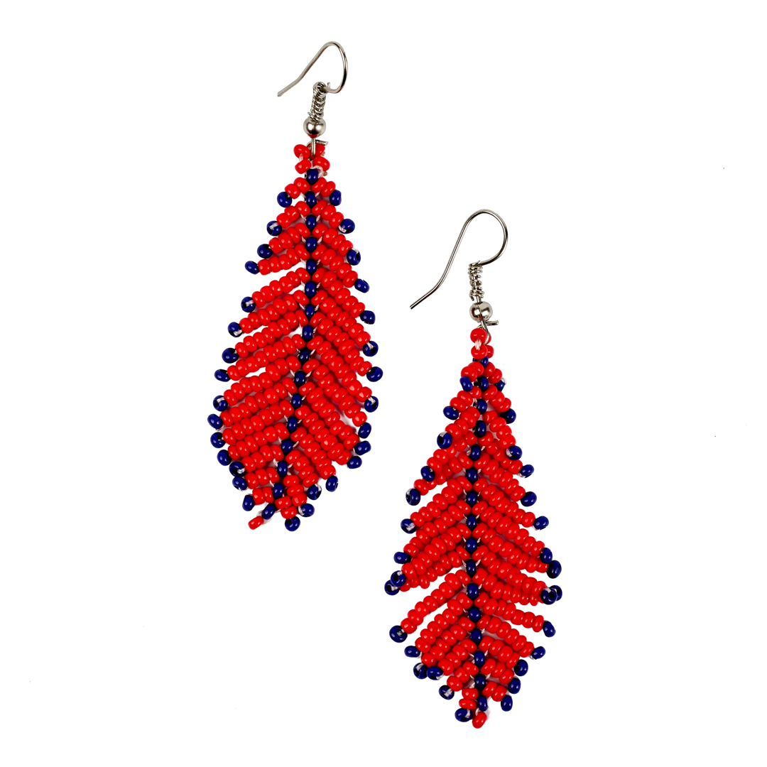 Maasai Beaded Feather Drop Earrings (Red & Navy)