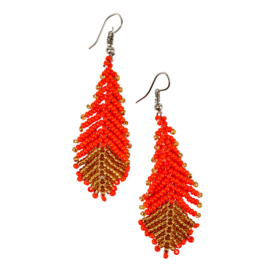 Maasai Beaded Feather Drop Earrings (Red & Gold)