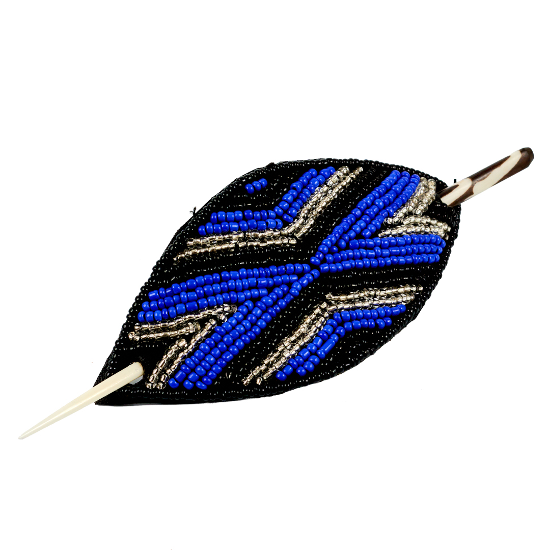 Maasai Beaded Leather Hair Barrette (Royal Blue & Silver Cross)