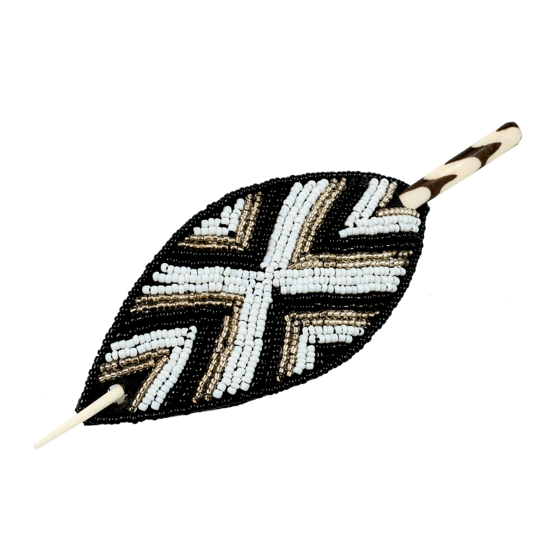 Maasai Beaded Leather Hair Barrette (Crisp White & Silver Cross)
