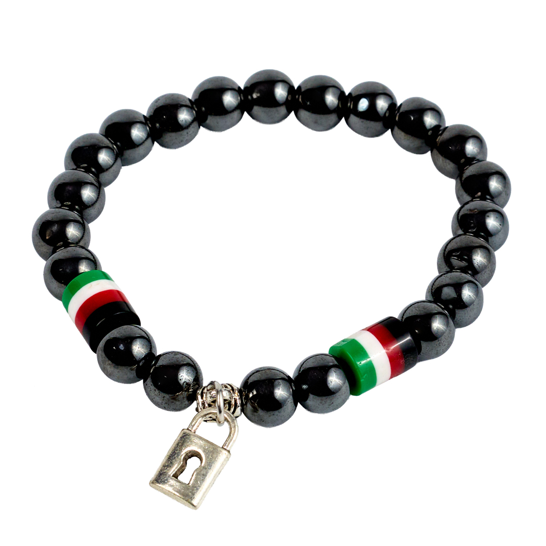 Hematite Charm Bracelet (Kenyan Flag & Padlock)