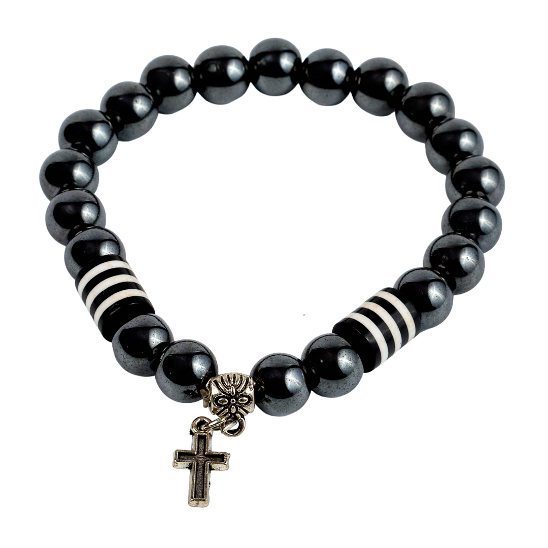 Hematite Charm Bracelet (B/W Stripe & Cross)
