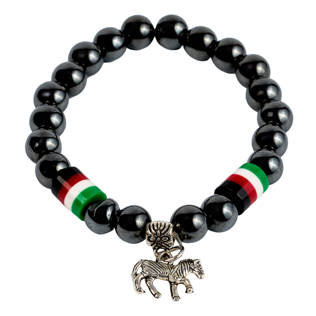 Hematite Charm Bracelet (Kenyan Flag & Zebra)