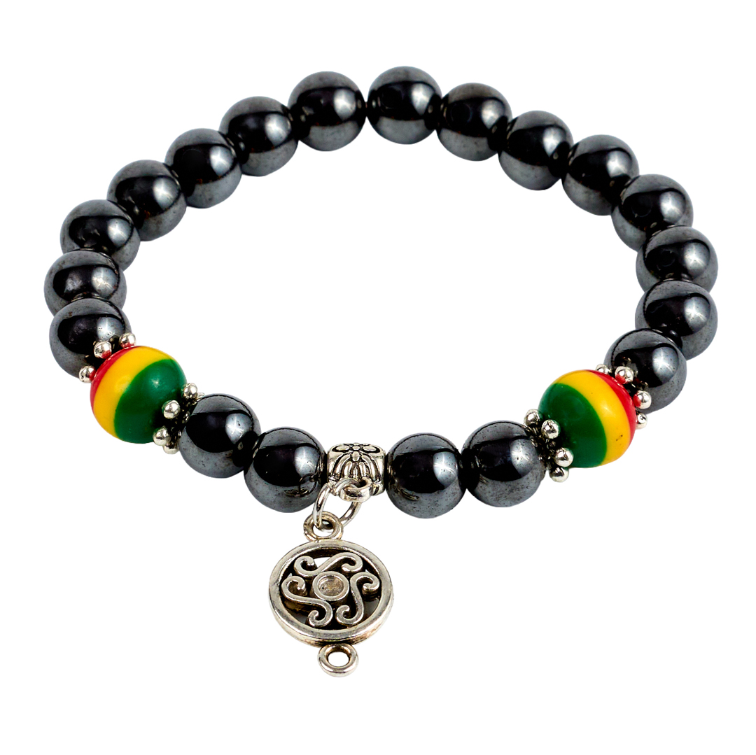 Hematite Charm Bracelet (Rasta Colors & Swirl Medallion)