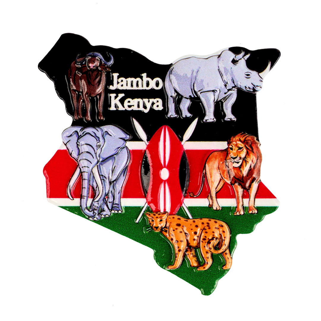 "Jambo Kenya" Big Five Souvenir Fridge Magnet kenyan map
