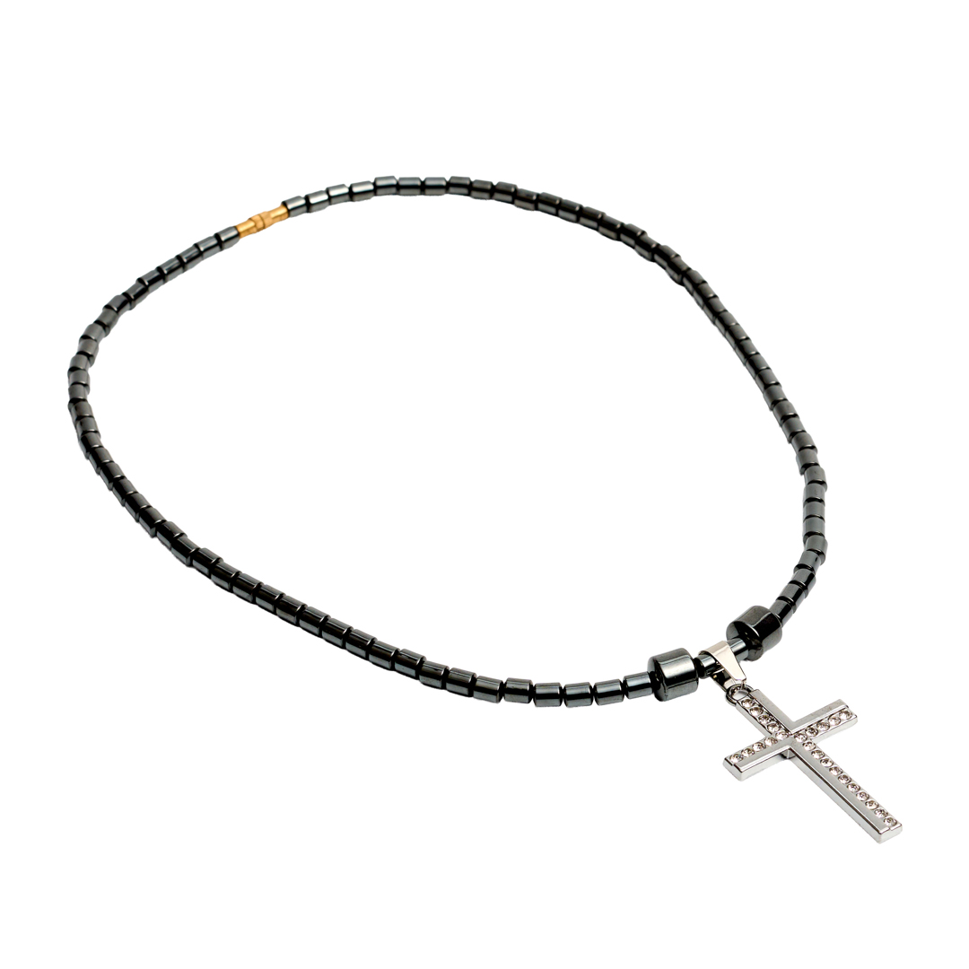 Hematite Barrel Link Necklace (Rhinestone Cross)