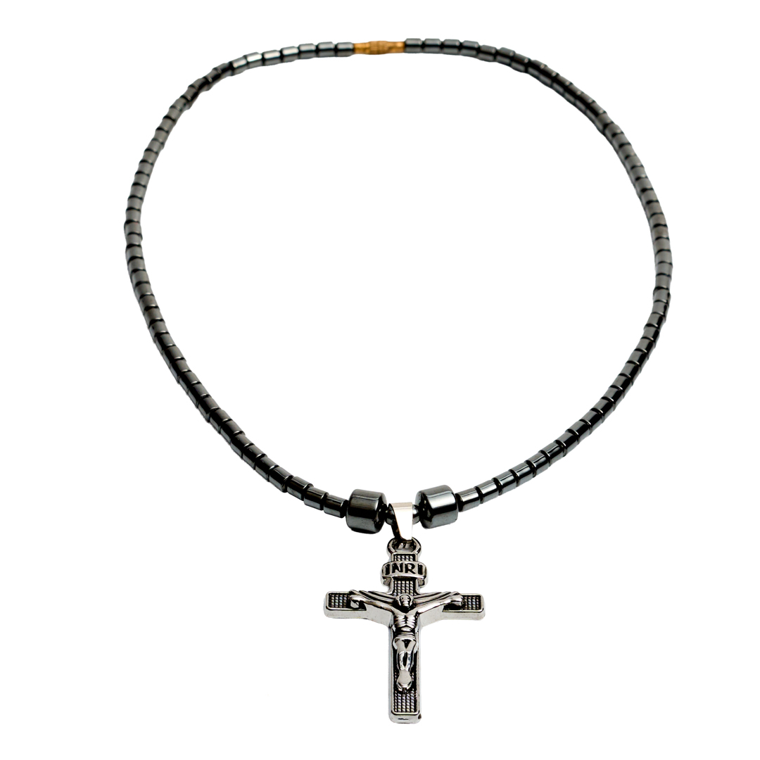 Hematite Round Bead Necklace (Silver Crucifix)