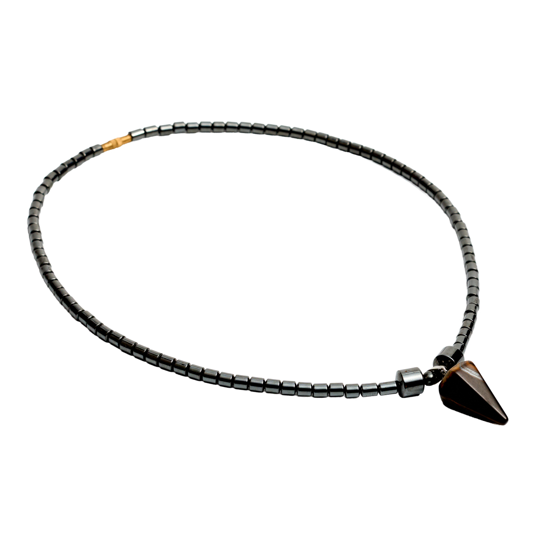 Hematite Barrel Link Necklace (Tiger's Eye Pendulum)