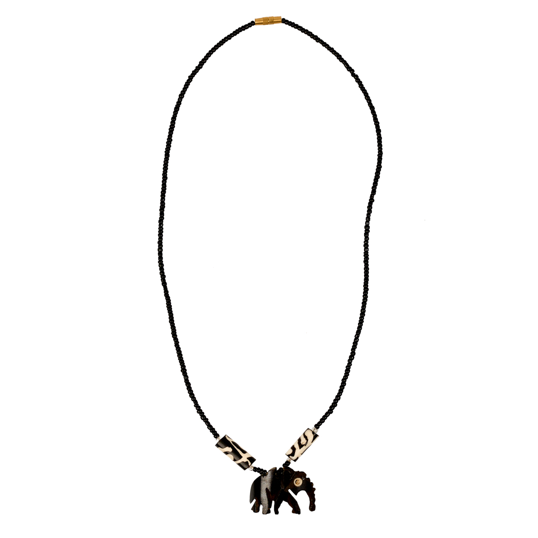 Maasai Seed Bead & Bone Necklace (Dark Carved Elephant)