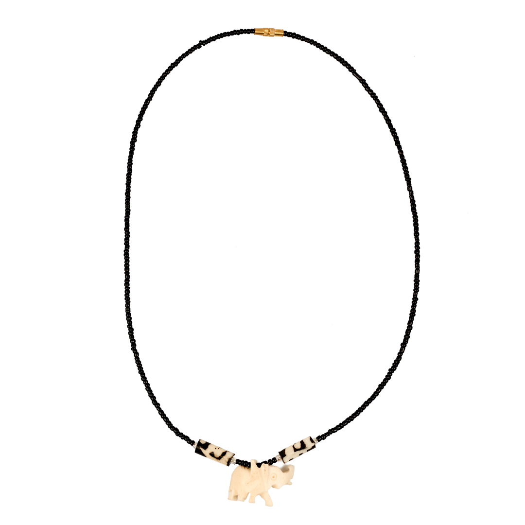 Maasai Seed Bead & Bone Necklace (Cream Carved Elephant)