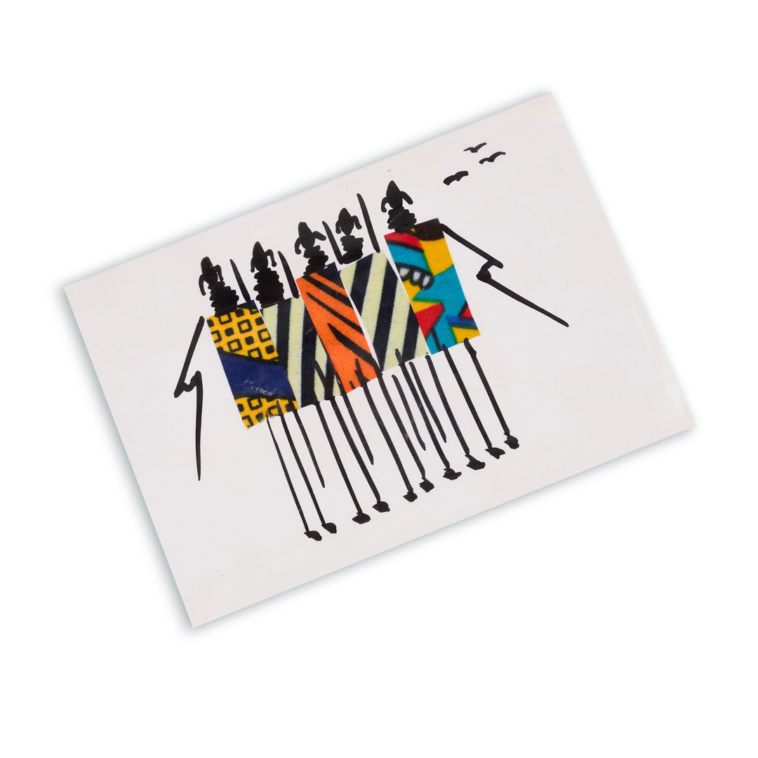 Handmade Kitenge painting Fabric Art gift Card (Five Standing Figures Collage)
