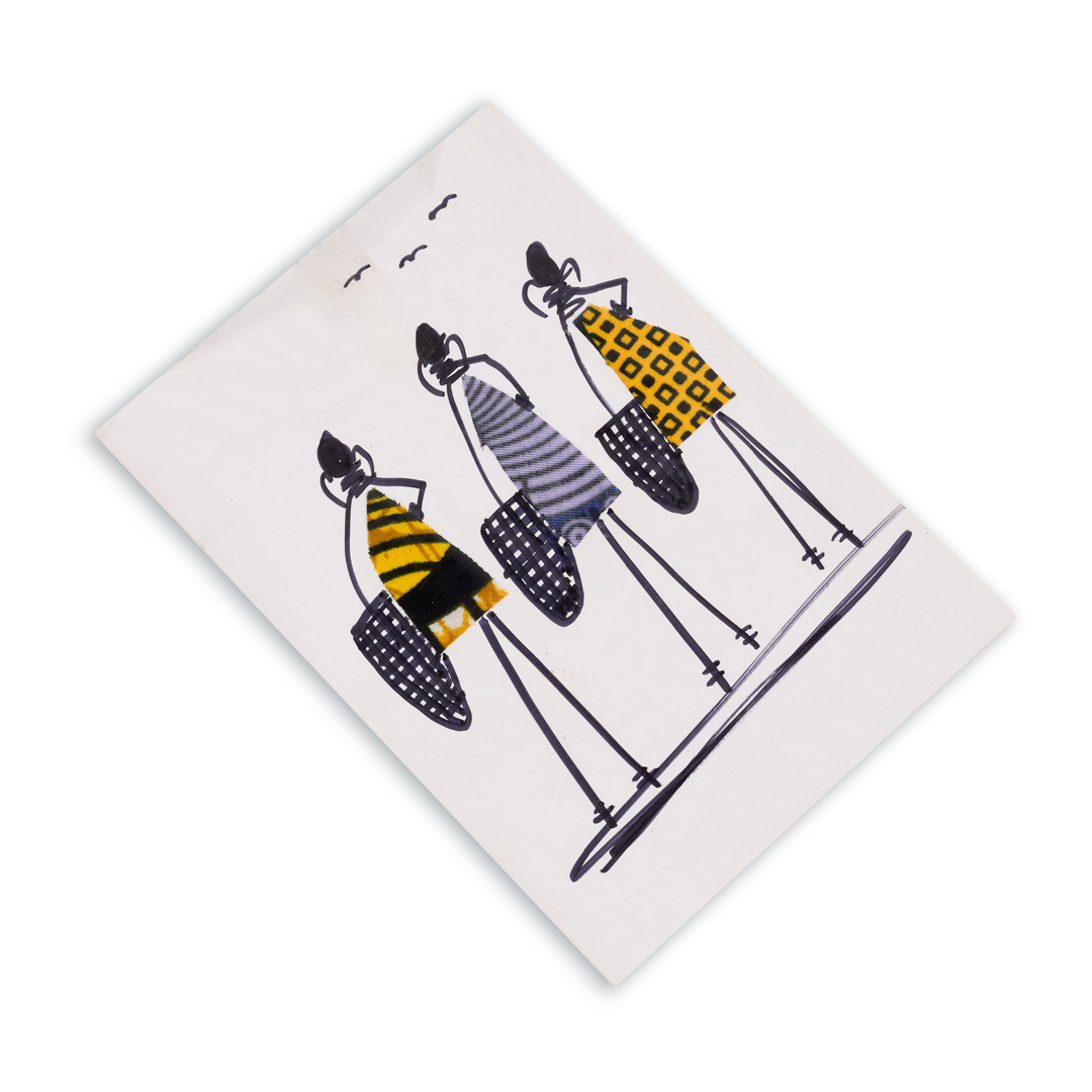 Handmade Kitenge painting Fabric Art gift Card (Three Figures with Baskets ‚ Yellow & Grey)