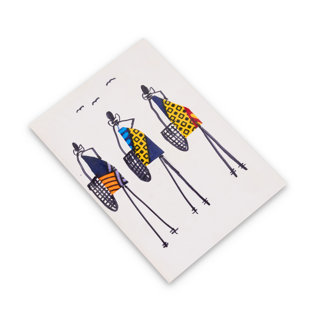 Hand-Painted Kitenge Fabric Art gift Card (Three Figures with Baskets — Geometric Mix)