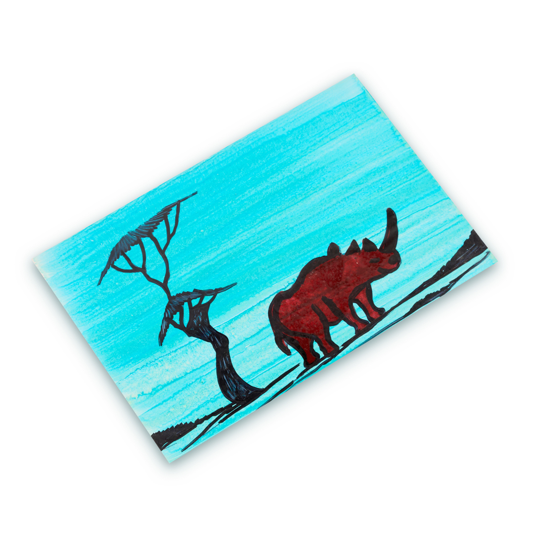Hand-Painted Savanna Landscape Art Card (Sky Blue Rhino)