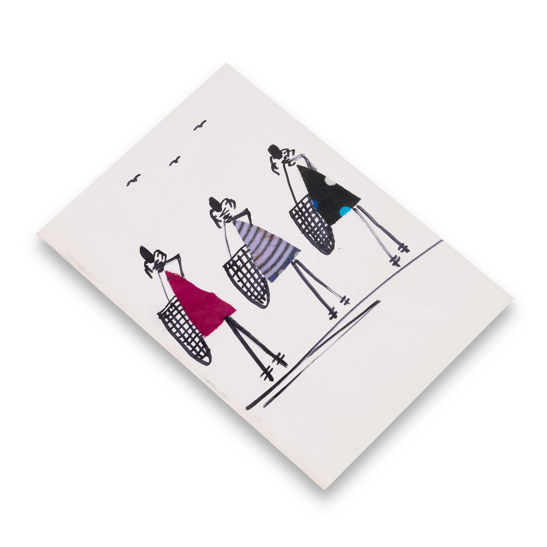 Handcrafted Kitenge Fabric Art Card (Three Figures with Baskets — Magenta & Polka Dot)