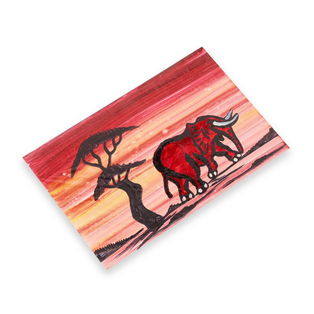 Hand-Painted Elephant with Tusks , Savanna Landscape sunset Art gift Card