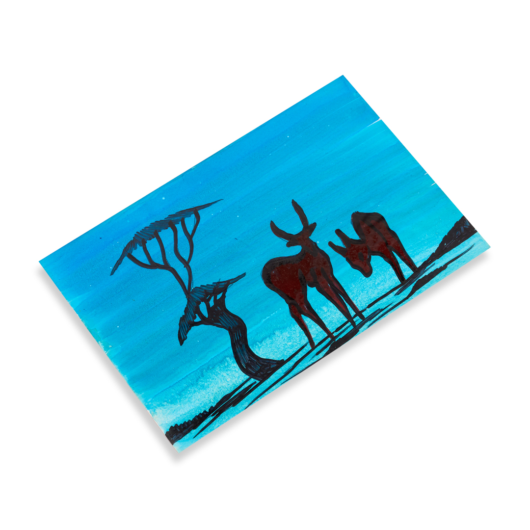 Hand-Painted Savanna Landscape Art Card (Sky Blue Antelope Pair)