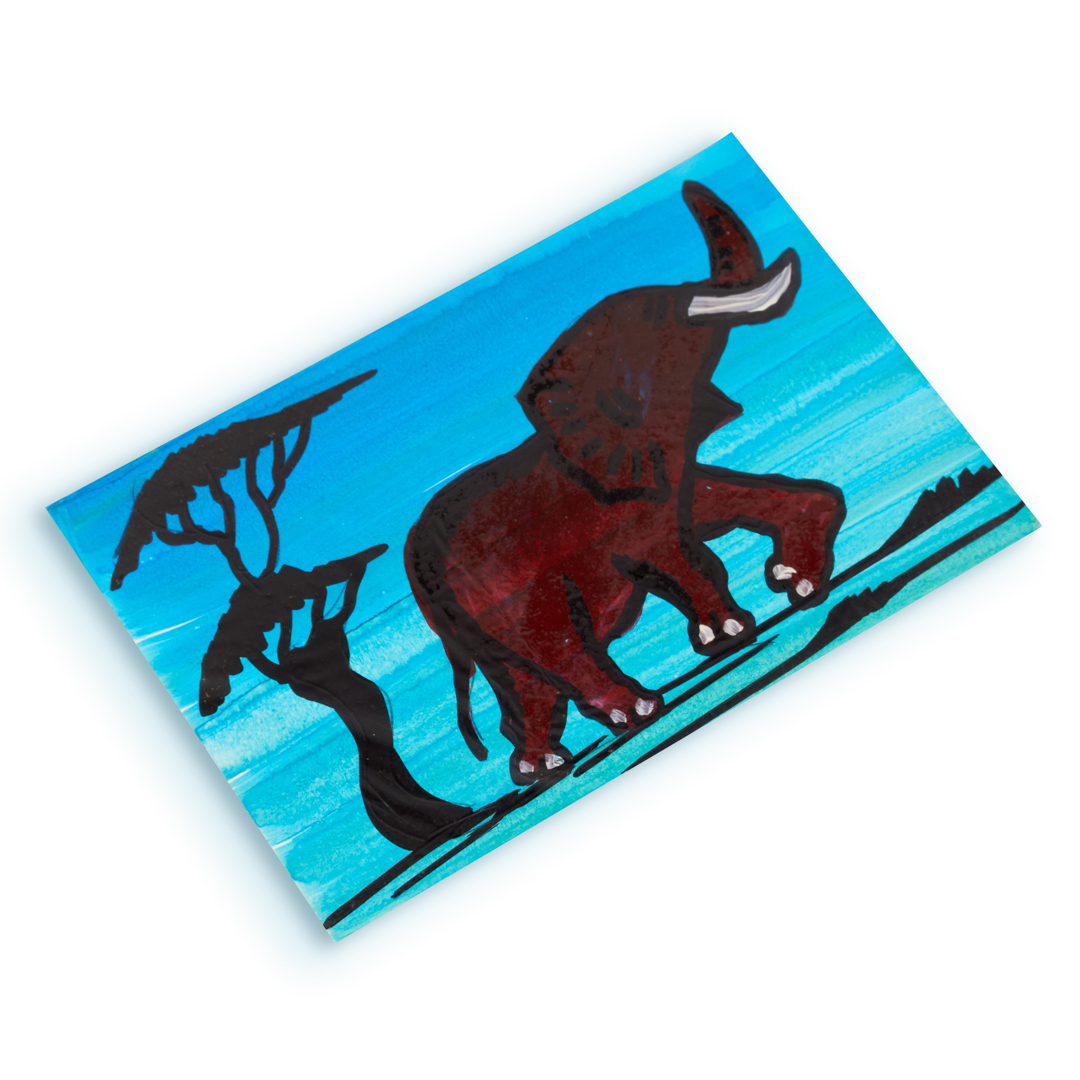 Hand-Painted Savanna Landscape Art Card (Sky Blue Elephant with White Tusk)