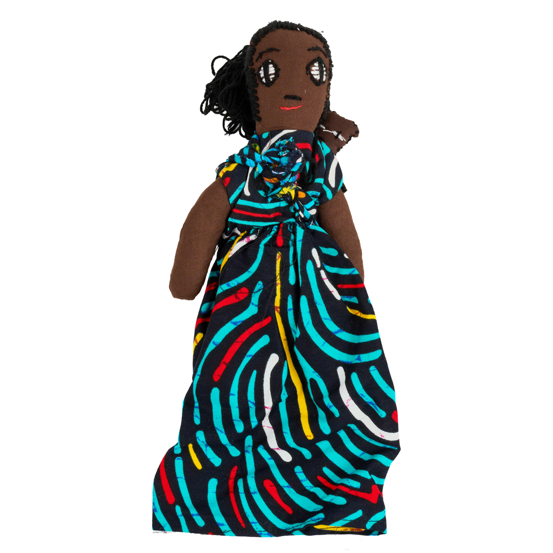 Handcrafted African Kitenge Rag Doll (Mother & Baby — Teal Abstract Wave)