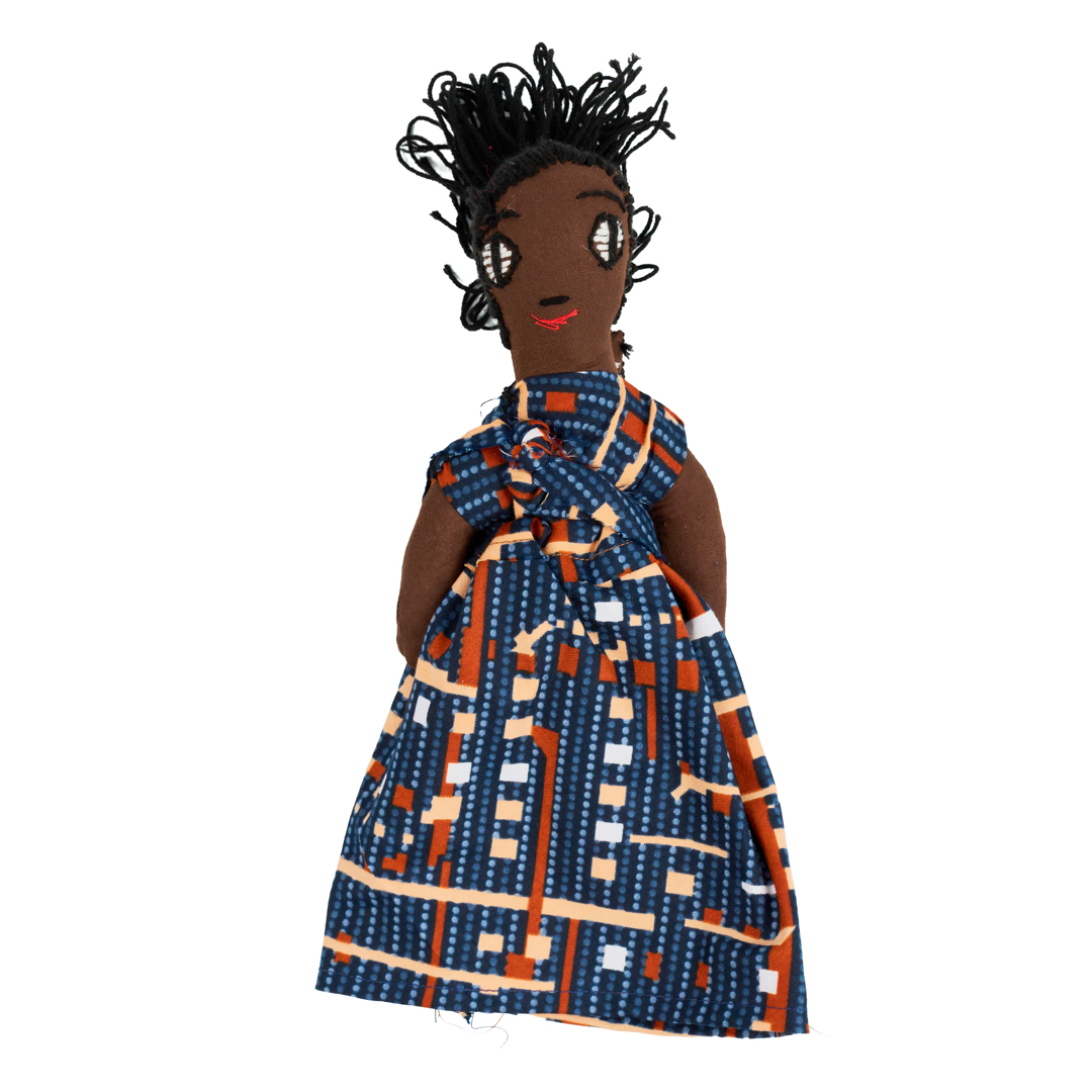 Handcrafted African Kitenge Rag Doll (Slim Profile — Indigo Grid & Orange Dash)