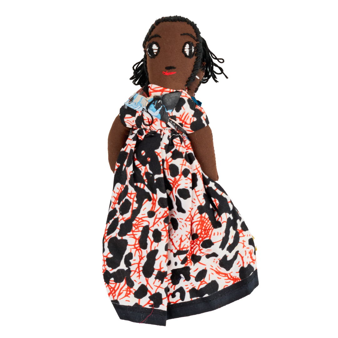 Handcrafted African Kitenge Rag Doll (Mother & Baby — Red & Black Abstract Splatter)