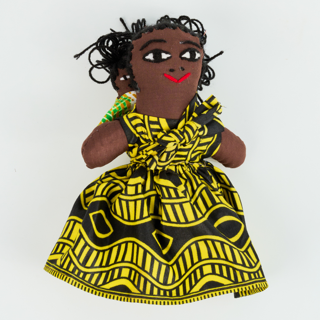 Handcrafted African Kitenge Rag Doll (Mother & Baby — Yellow & Black Geo)