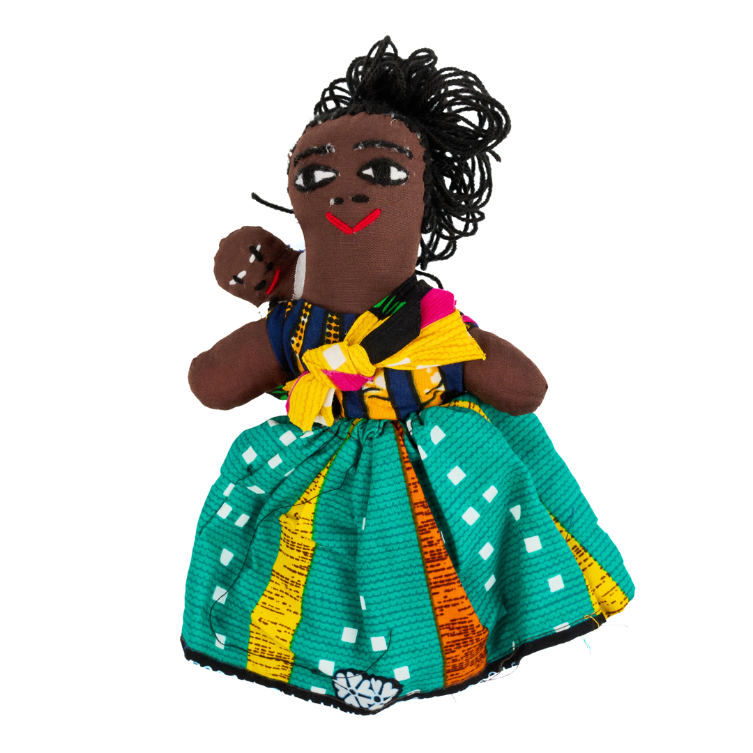 andcrafted African Kitenge Rag Doll (Mother & Baby — Green Panels & Yellow Sash)