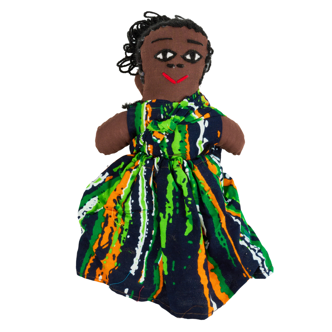 Handcrafted African Kitenge Rag Doll (Slim Profile — Navy, Green & Orange Stripe)