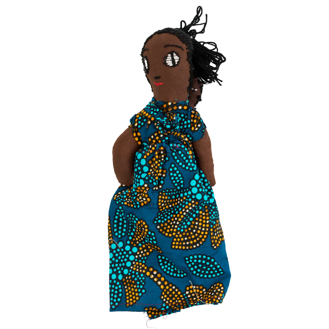 Handcrafted African Kitenge Rag Doll (Mother & Baby — Peacock Blue Dotted Floral)