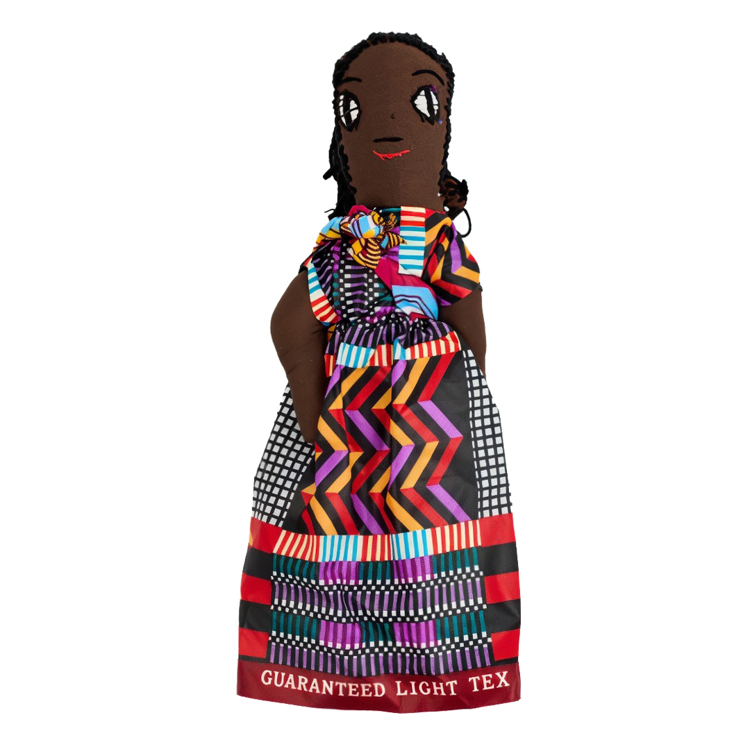 Handcrafted African Kitenge Rag Doll (Slim Profile — Zig-Zag Chevron & Text Selvedge)