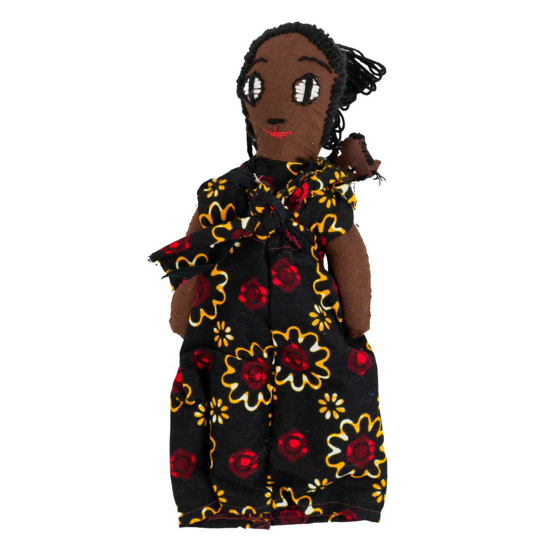 Handcrafted African Kitenge Rag Doll (Mother & Baby — Black Floral Rosette)