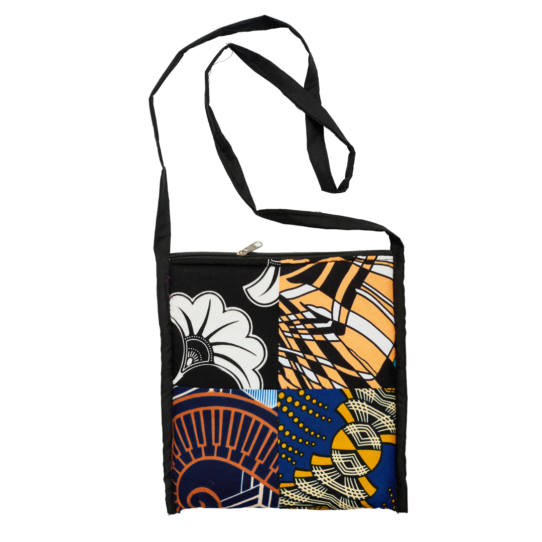 African fabric patchwork small crossbody bag, handmade ankara purse, women's Sling Bag (Four-Quadrant Golden Geo)