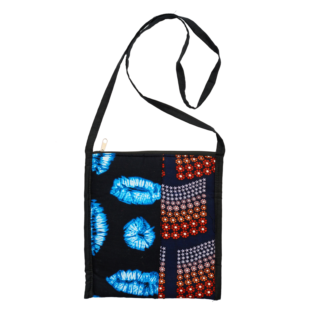 African fabric patchwork small crossbody bag, handmade ankara purse, women's Sling Bag (Split Indigo Stars & Tie-Dye Lips)