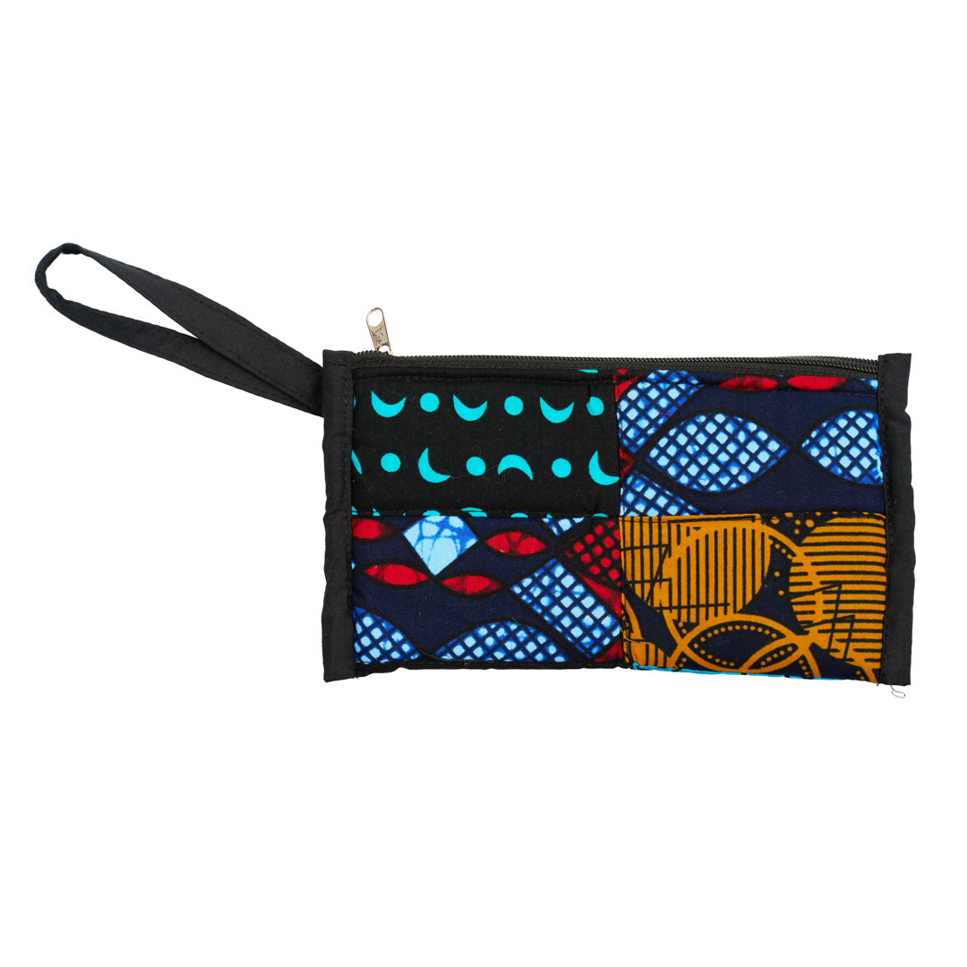African Print Fabric Wristlet Wallet: Women's Zip Clutch with Interior Pocket (Cyan Ribbon Monochrome )
