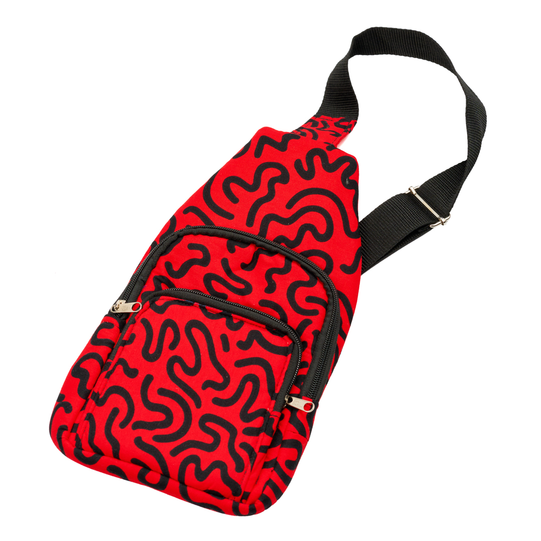 Hand-made African Print Fanny pack (Crimson Labyrinth Teardrop Pack waist bag)