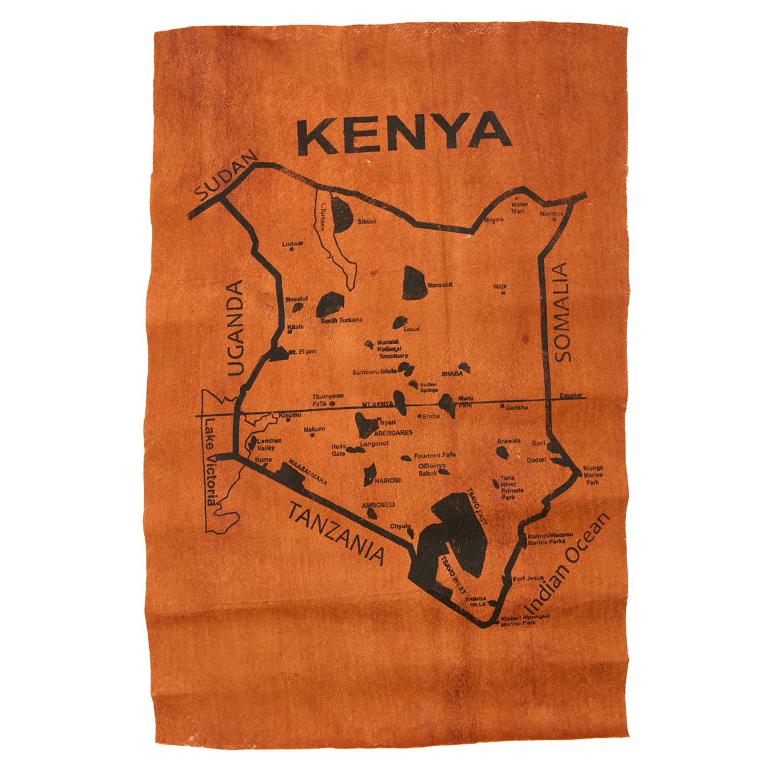 Hand-painted Natural ''Red' bark cloth, Kenyan cities map Explorer's Charted Hide