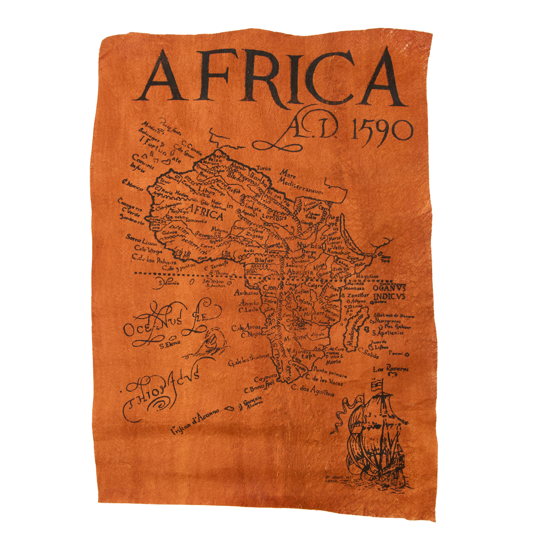 Hand-painted red bark cloth --1590 Africa Map Wall Art .(show The Antiquity 1590 Continent Scroll)