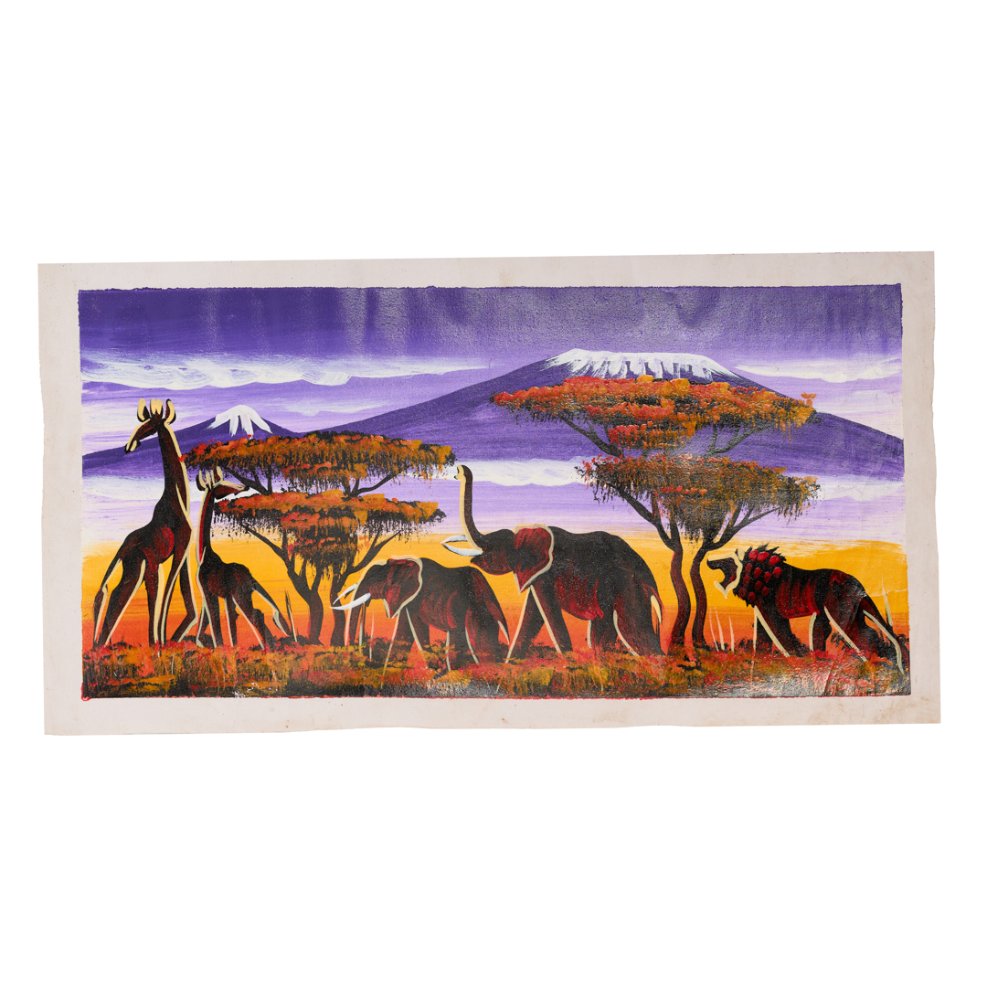 African Giraffe & Eelephat Canvas Print: Colorful Mara Twilight Crimson wall art