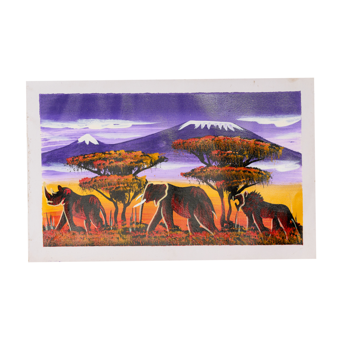 Savanah big five canvas print; colorful Rhino,elephant& lion wall art walking below the Majestic Kilimanjaro.