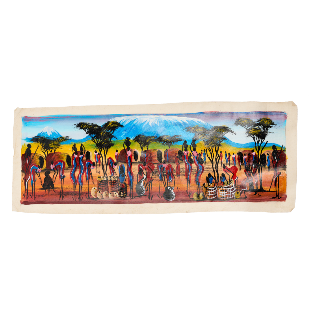 Hand-painted The Kilimanjaro Village Market Panorama canvas print; Coloful African wall art.