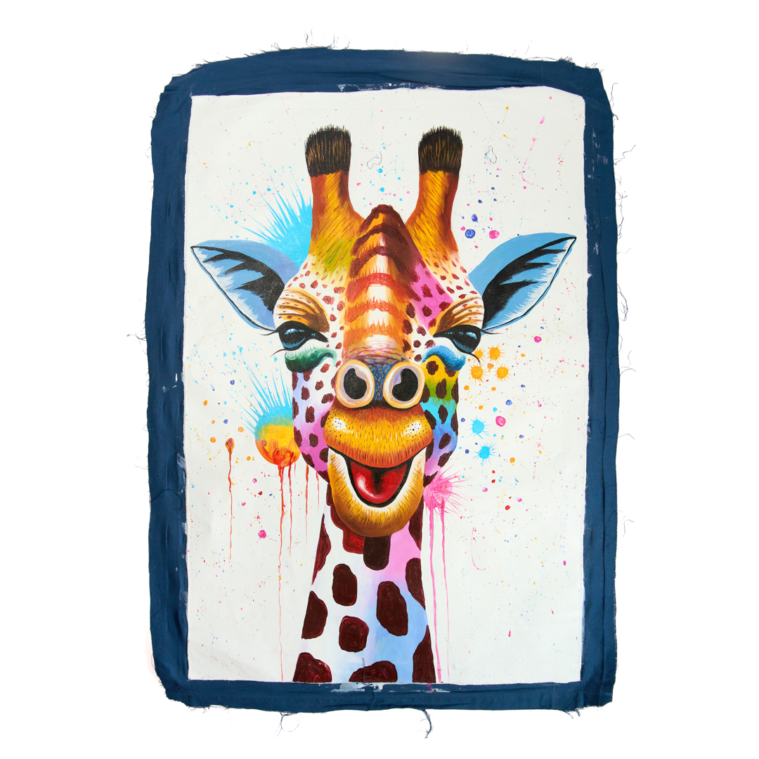 Hand-Painted Spectrum Smilling Giraffe Portrait ;Coloful Safari Canva wall & art deco print.